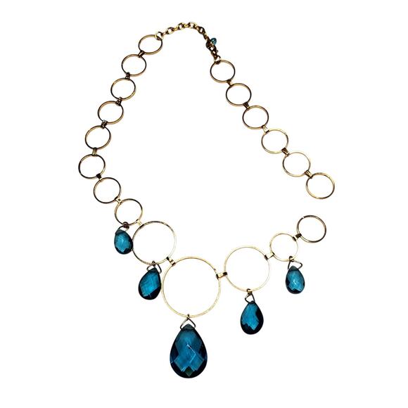 Large Circle Link Blue Plastic Rhinestone Dangle Necklace Broken 17" Unsigned - Picture 1 of 4